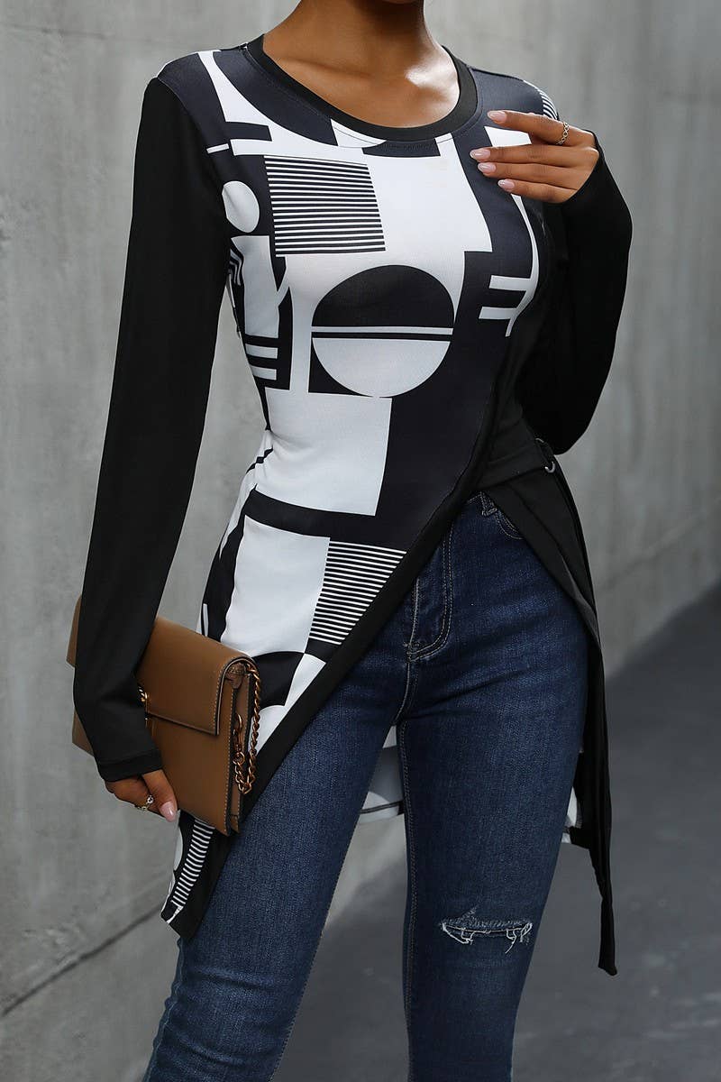 CWTTL1967_SIMPLE GEOMETRIC PATTERN SLIM FIT LONG T-SHIRT