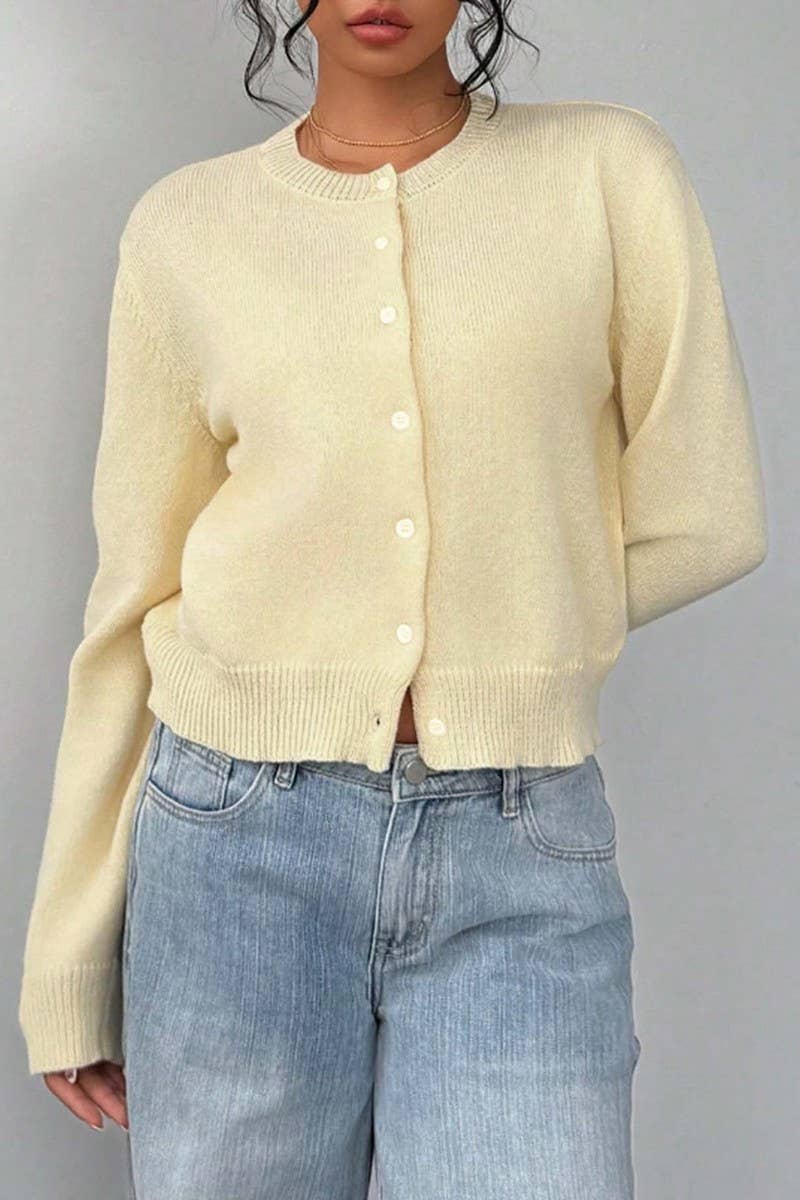 CWOCAL2293_SOFT LOOSE FIT CROPPED KNIT CARDIGAN SWEATER
