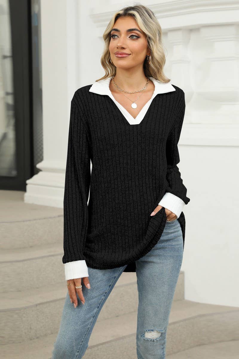 CWTBLL1874_CONTRAST COLOR LAPEL LONG SLEEVE LOOSE TOP