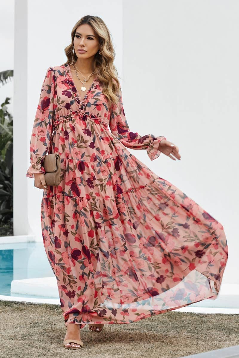 CWDMD2958_RUFFLED TIERED LONG-SLEEVED V-NECK FLORAL DRESS