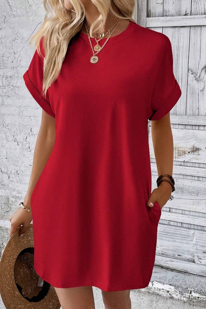 CWDSD3628_SOLID COLOR ROUND NECK LOOSE POCKET SHORT DRESS