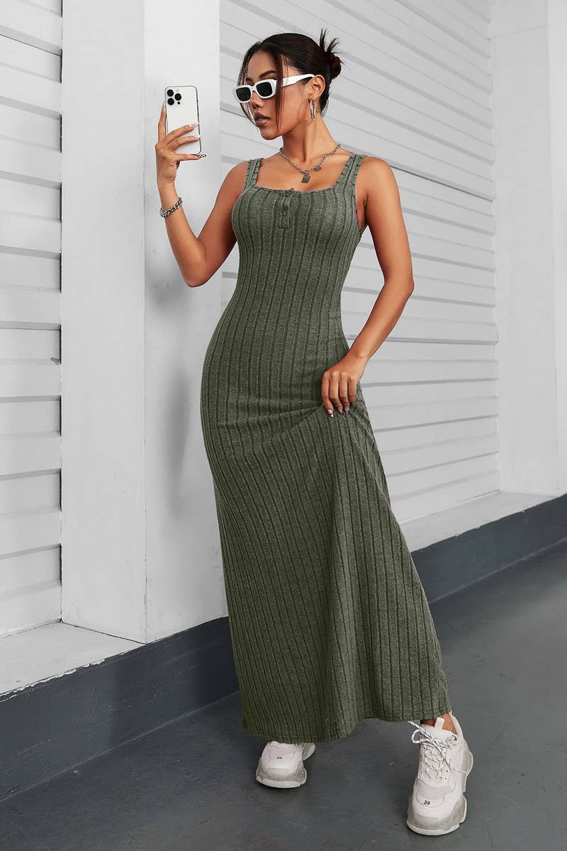 CWDHL01114_SOLID COLOR ELEGANT SLIM SLEEVELESS DRESS