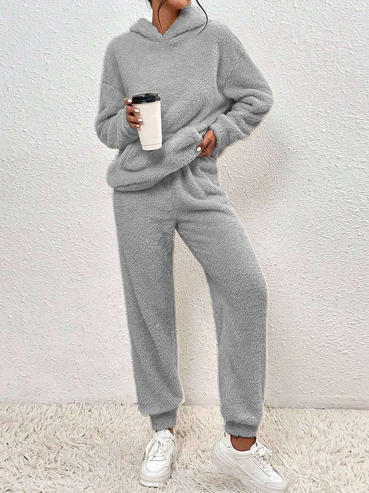 FLEECE HOODED LONG-SLEEVED PANTS SOLID COLOR SUIT