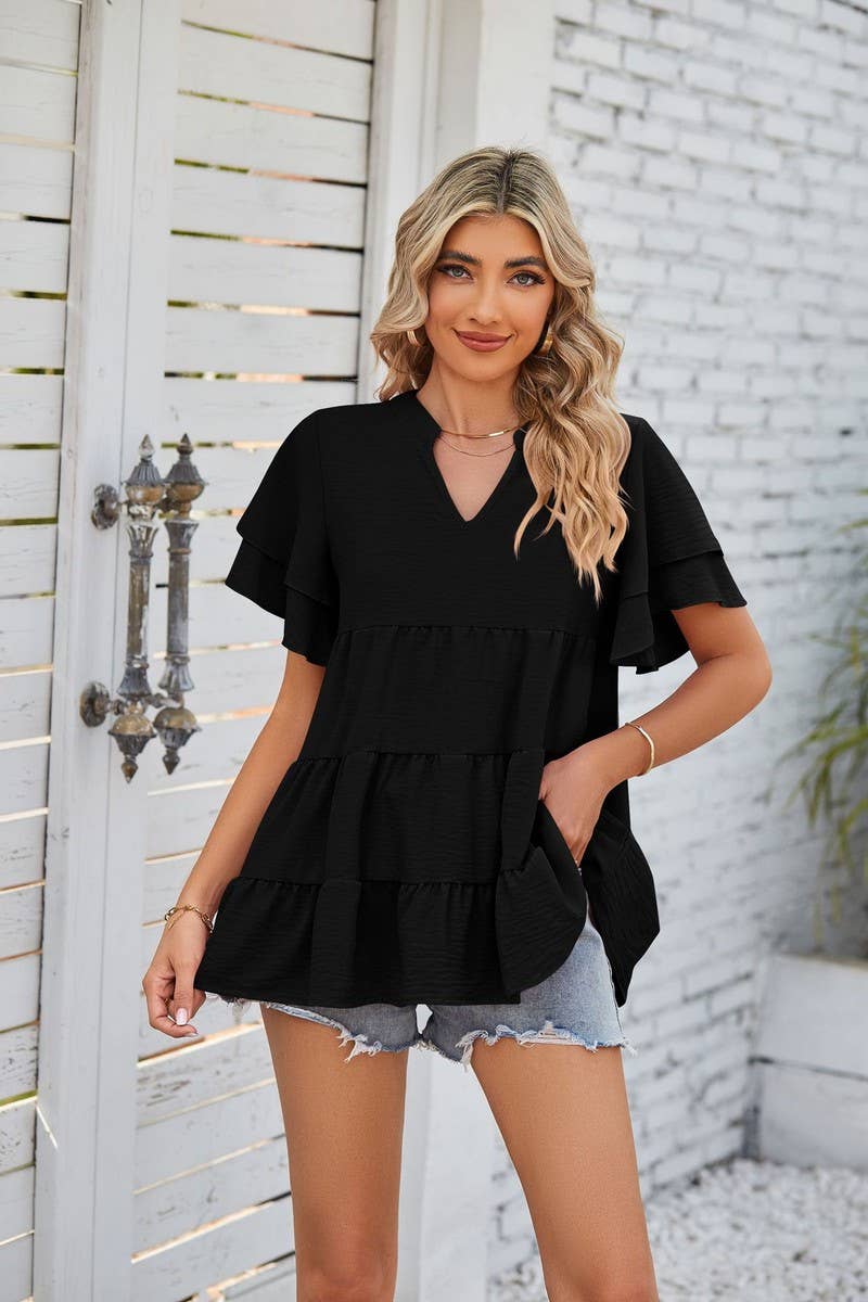 CWTBLS1602_V-NECK DOUBLE-SLEEVE SWEET BABYDOLL SHIRT TOP