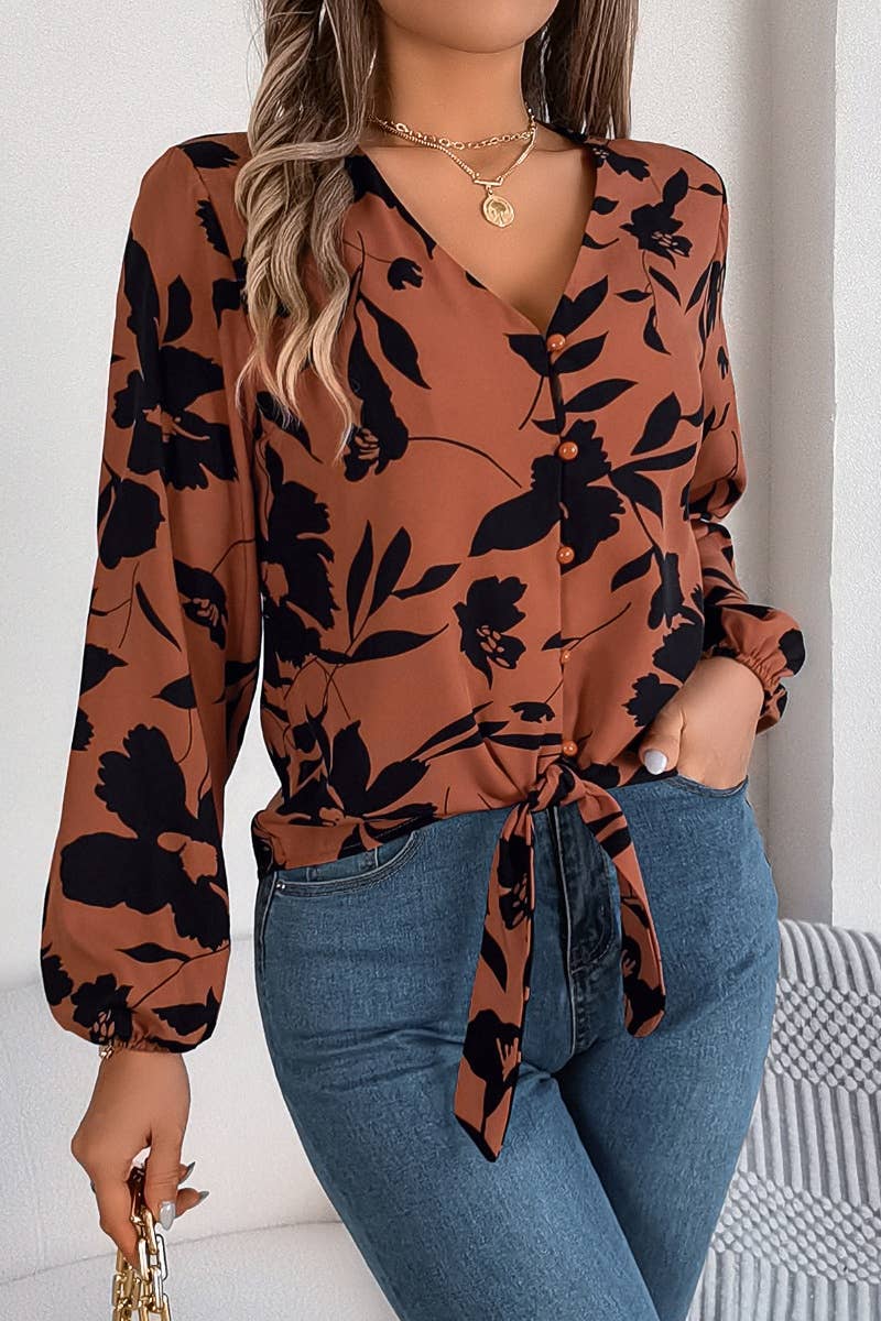 CWTDSL0117_V-NECK FLORAL LONG-SLEEVED LACE-UP TOP