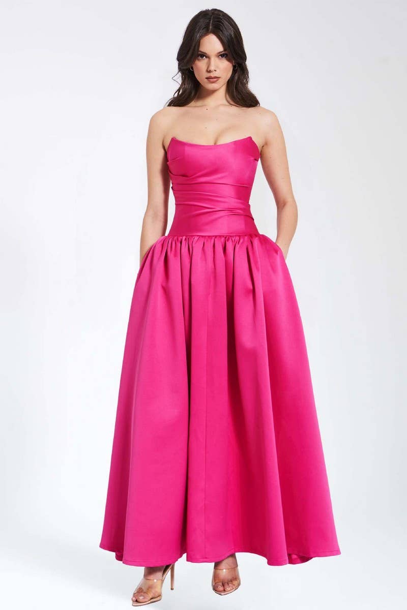 CWDHL1074_FRENCH ROSE RED SUSPENDER DRESS WITH SLIM WAIST