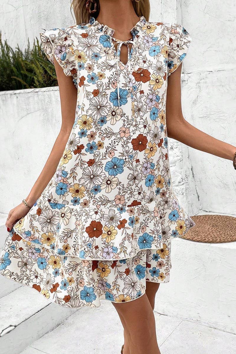 CWDSD8212_BOHEMIAN V-NECK FLYING SLEEVES LACE-UP DRESS