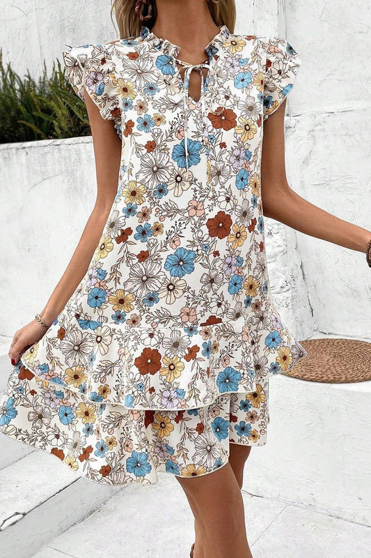 CWDSD8212_BOHEMIAN V-NECK FLYING SLEEVES LACE-UP DRESS