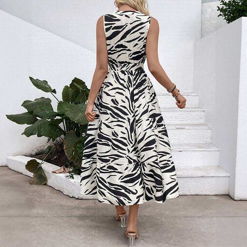 Elegant V-neck, elastic waist, zebra print dress