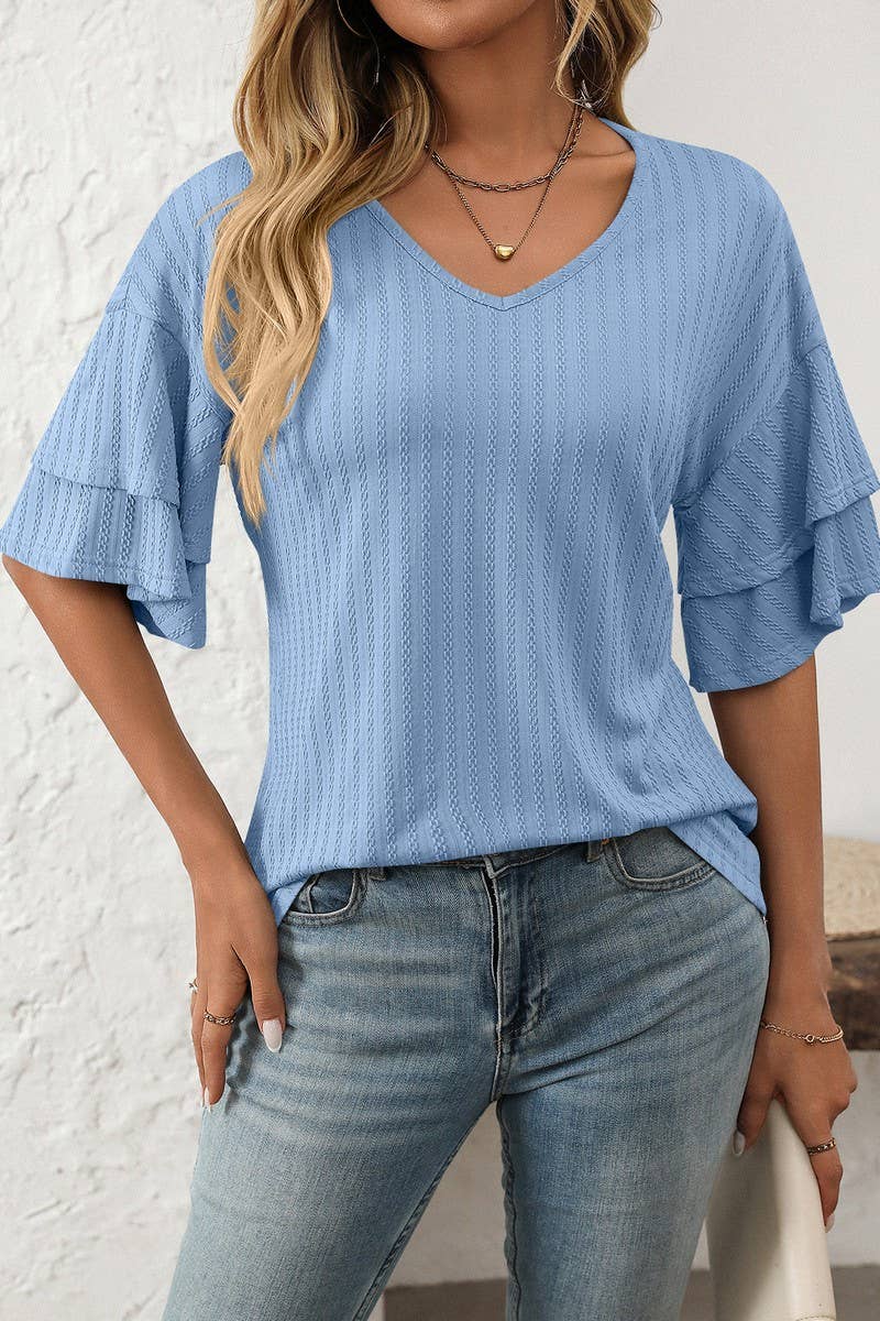 CWTBLS1713_SOLID COLOR V-NECK LOTUS SLEEVE T-SHIRT TOP