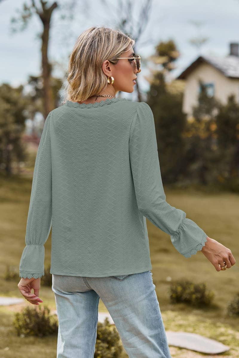 CWTBLL2710_STYLISH V-NECK LACE PATCHWORK LONG-SLEEVED TOP