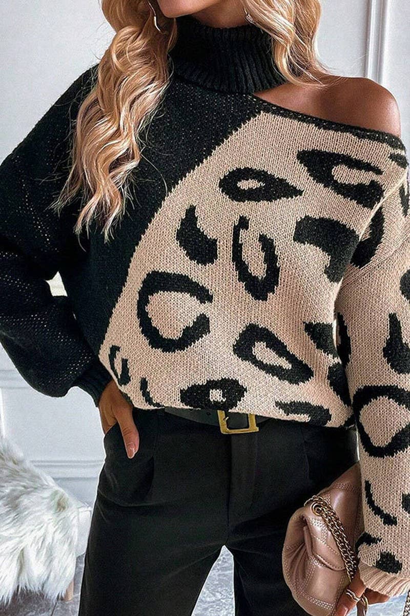 CWOSWL5803_OFF-THE-SHOULDER LEOPARD PRINT TURTLENECK SWEATER