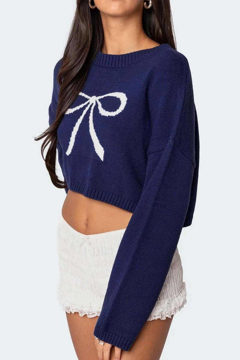 CWOSWL6868_CUTE BOW TIE CROPPED KNIT PULLOVER SWEATER
