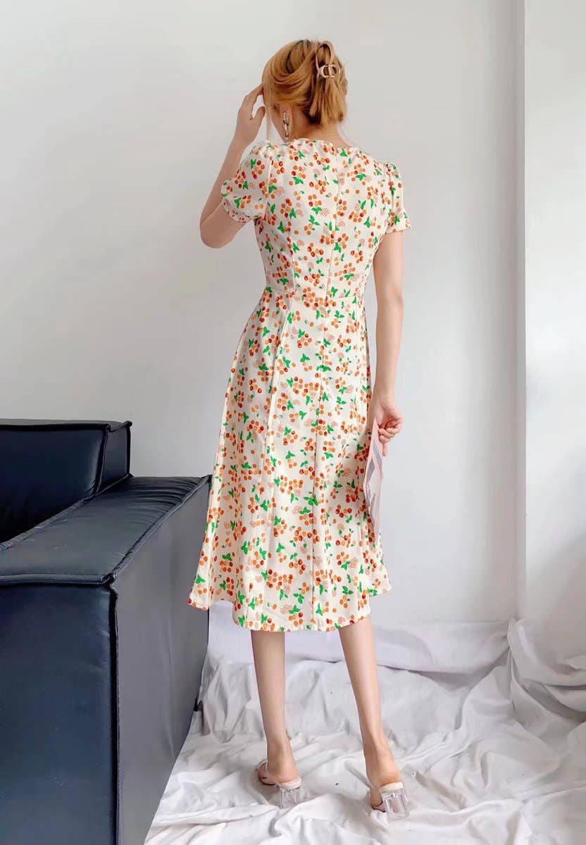 FRENCH CHERRY PRINT SHORT SLEEVE SPLIT DRESS