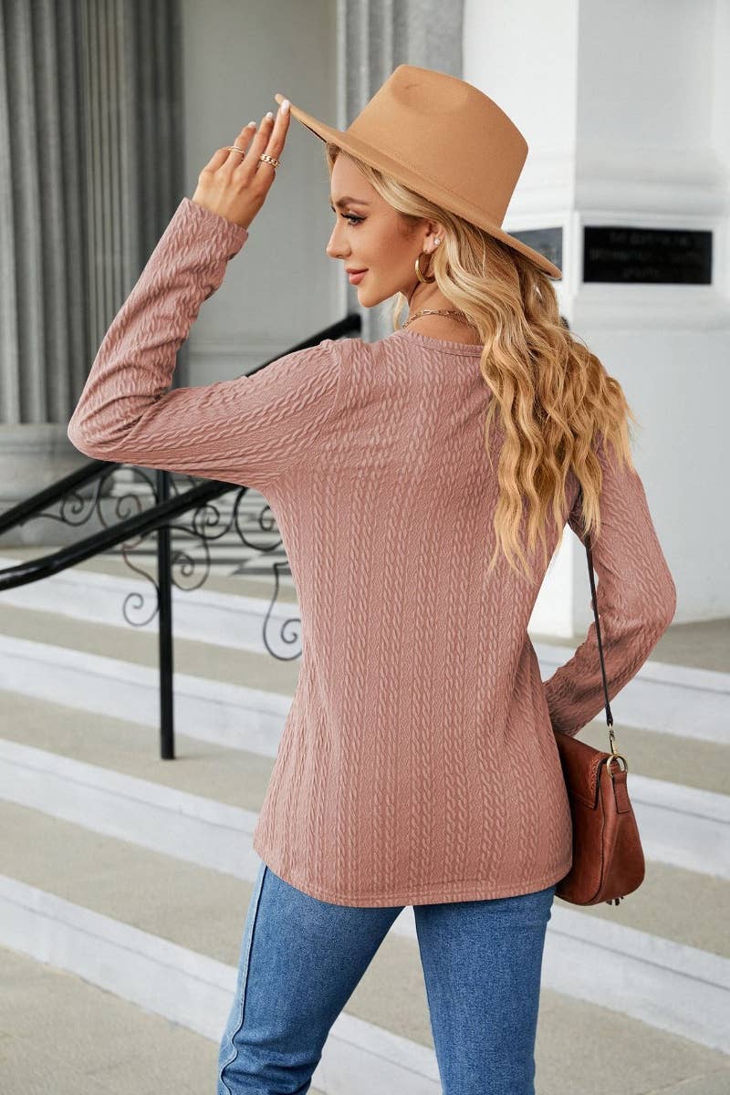 CWTBLL2807_WINTER V-NECK BUTTON-UP LONG-SLEEVED TOP