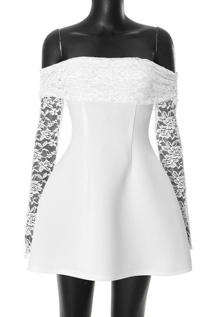 CWDTD0484_OFF SHOULDER LACE PATCHWORK A-LINE DRESS