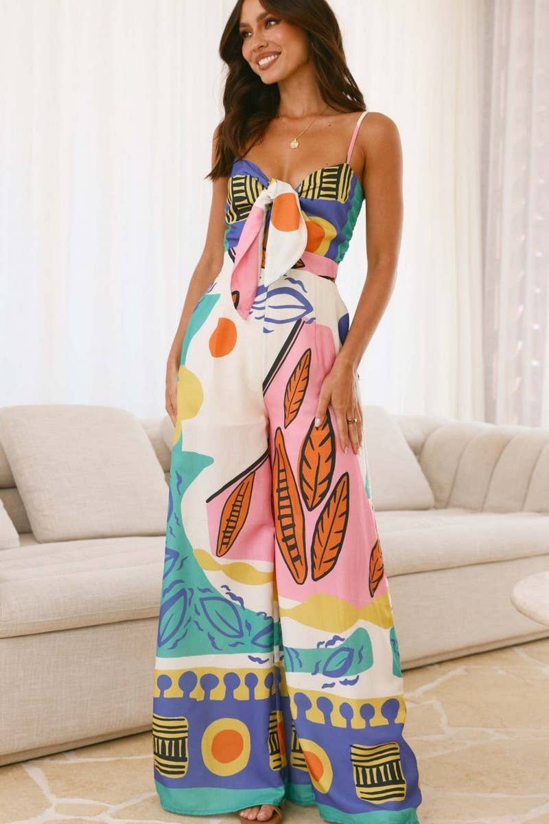 CWSJS1621_CASUAL DIGITAL PRINT FRONT TIE JUMPSUIT