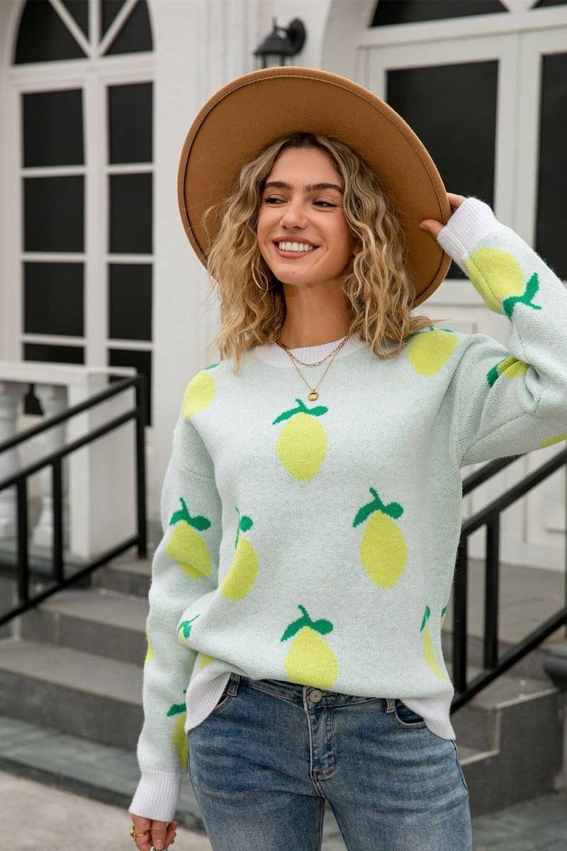 CWOSWL07604_LOOSE LEMON PRINT CREWNECK KNIT TOP