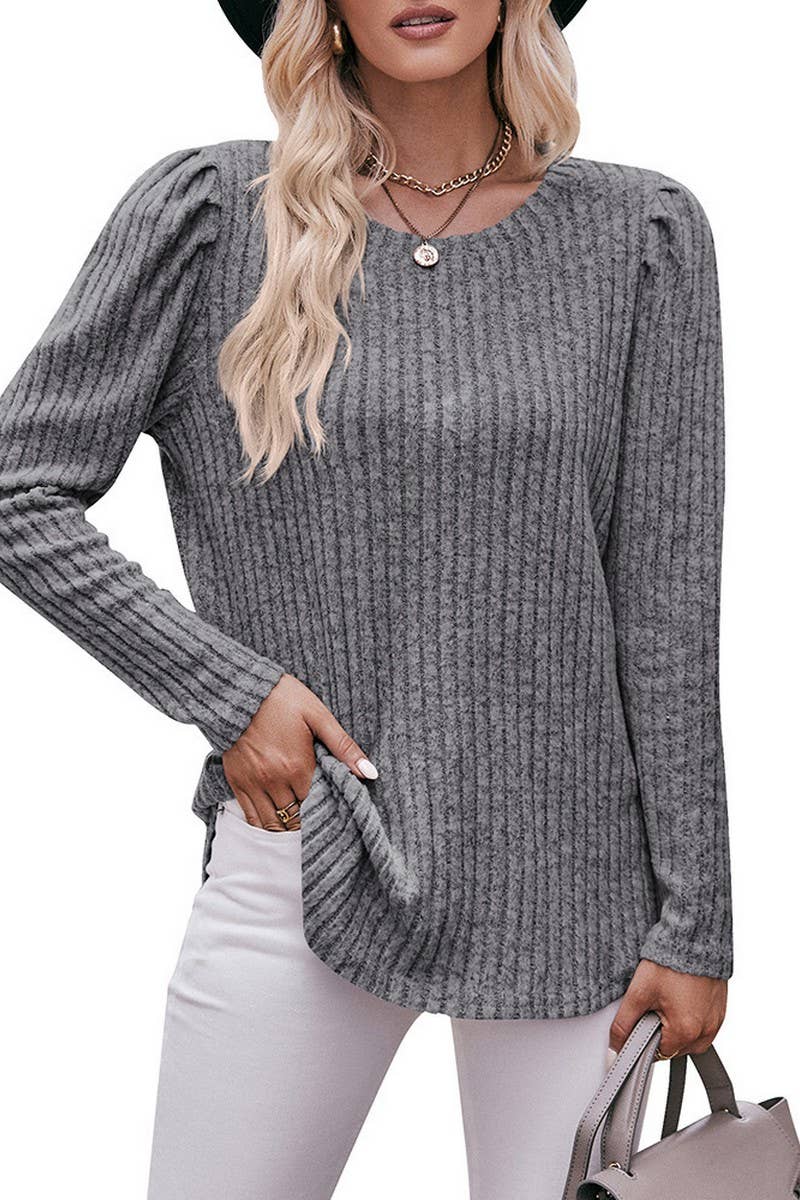 CWTBLL1832_ROUND NECK PUFF SLEEVE RIBBED SOLID COLOR TOP