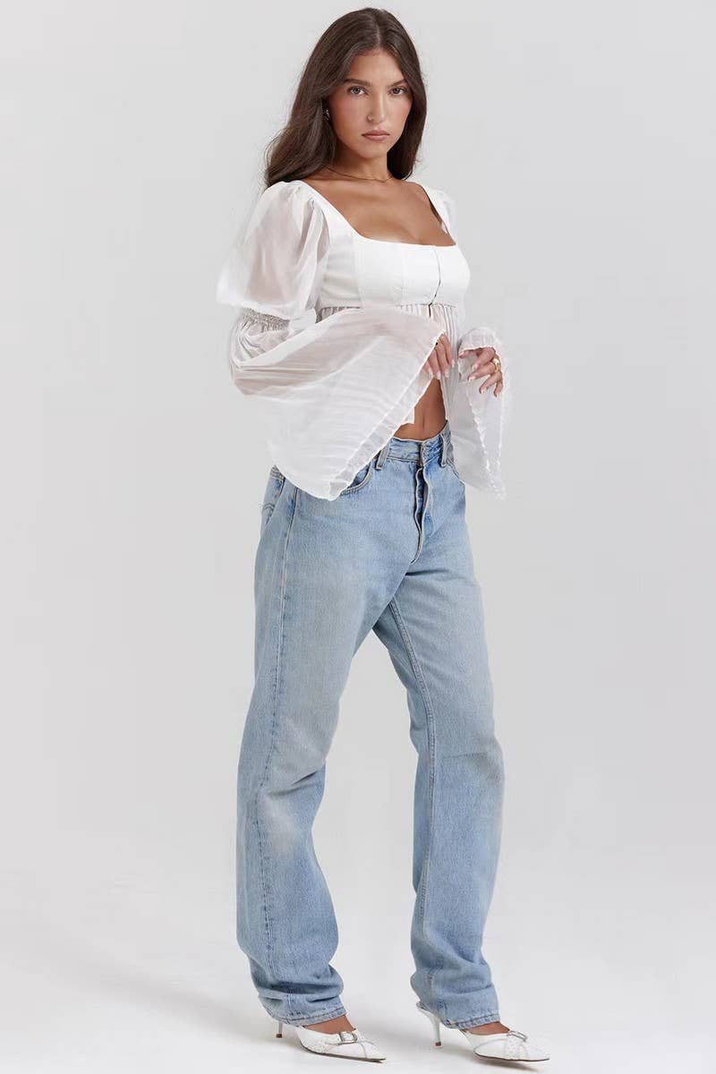 CWTBLL3970_FLOWY SHEER SQUARE NECK LONG SLEEVE TOP
