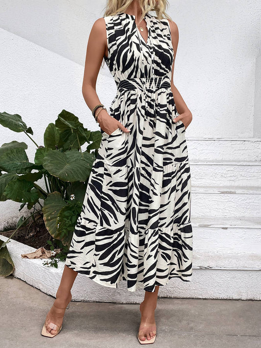Elegant V-neck, elastic waist, zebra print dress