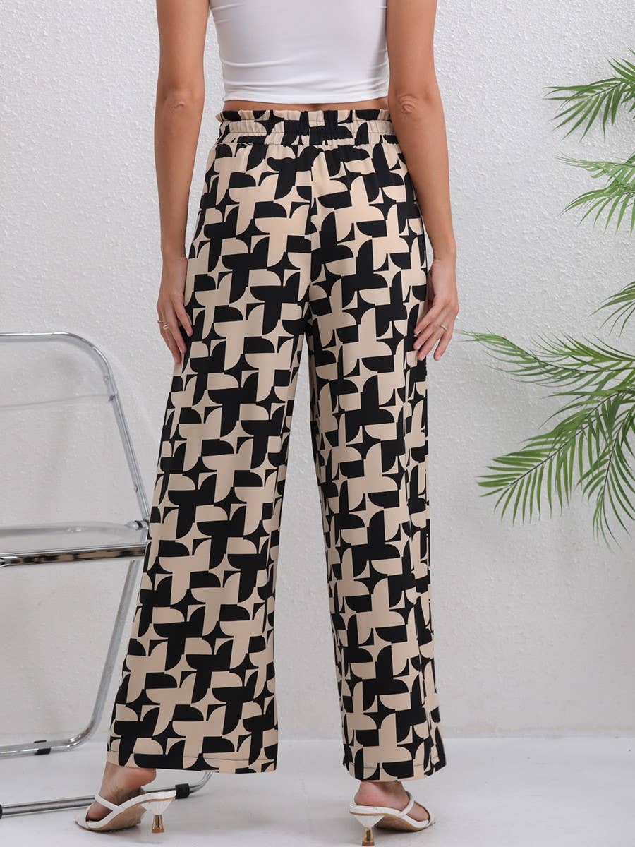 ELASTIC-WAISTED PRINTED BAGGY WIDE-LEG PANTS