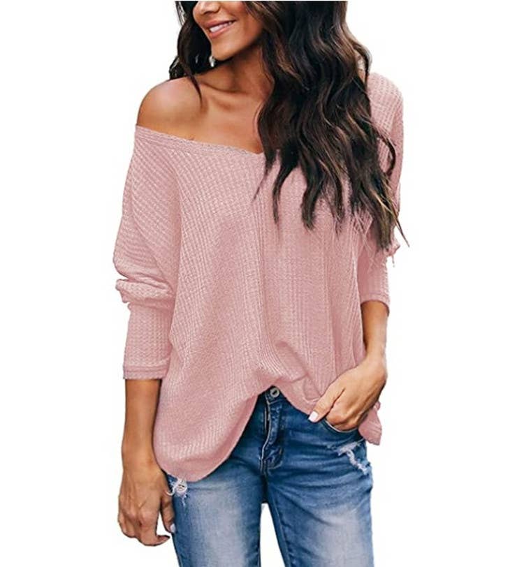 CWTTL1205_V-neck Long Sleeved Loose Knit Top