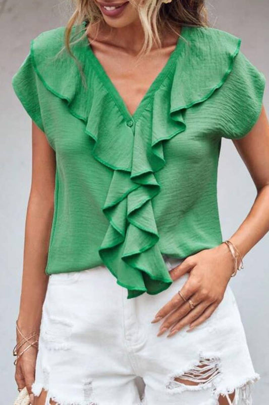 CWTBLS0665_WOMEN'S SHORT-SLEEVED V-NECK RUFFLED TOP