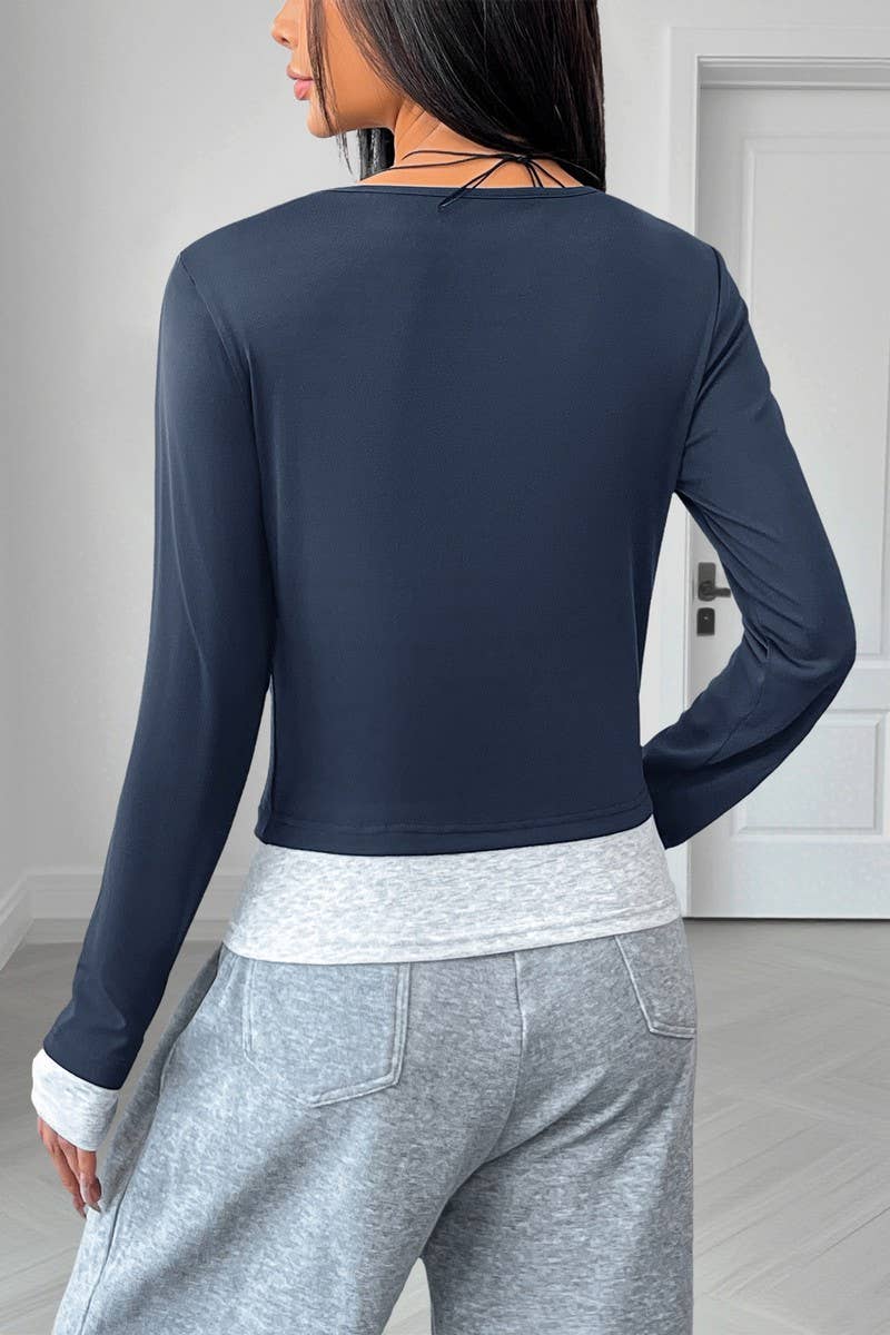 CWTBLL00735_SLIM FIT COLORBLOCK MOCK LAYER LONG SLEEVE TOP
