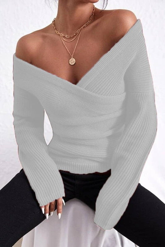 CWOSWL6649_SEXY OFF-THE-SHOULDER V-NECK LONG-SLEEVED SWEATER