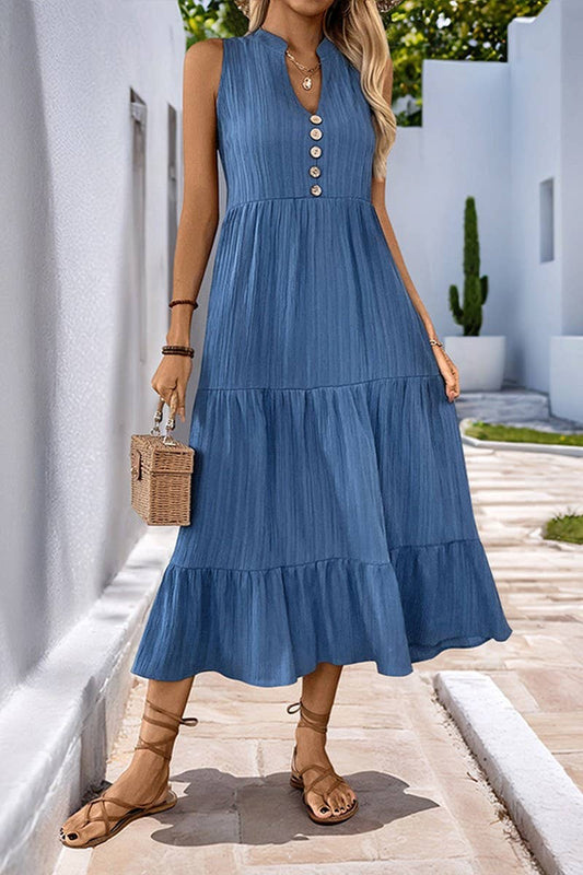 CWDMD4221_SOLID COLOR V-NECK TEXTURED SLEEVELESS DRESS