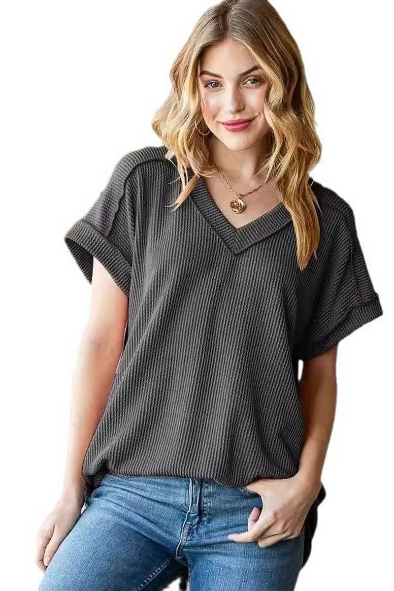 CWTBLS1500_V-NECK RIBBED JACQUARD KNIT SHORT-SLEEVED T-SHIRT