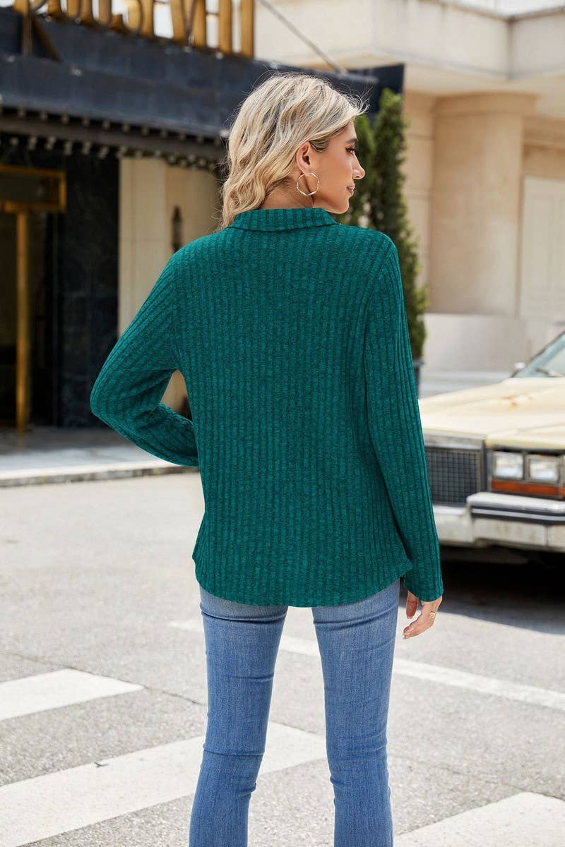 CWTBLL2329_SOLID COLOR LAPEL POCKET LONG SLEEVE LOOSE TOP