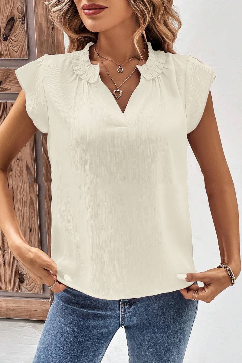 CWTBLSL0247_V-NECK RUFFLED SLEEVELESS TOP FOR WOMEN