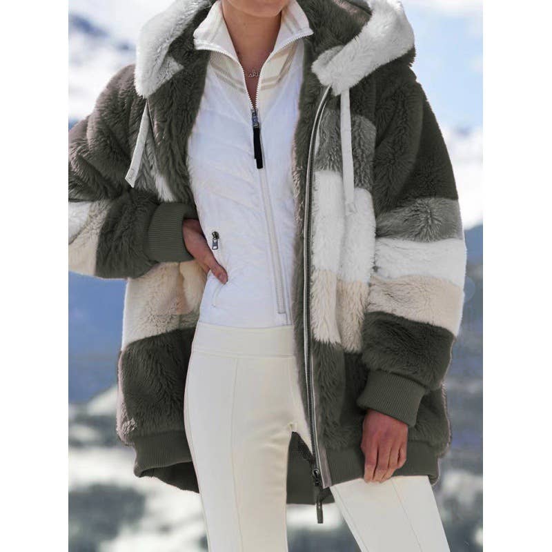 FLEECE PATCHWORK ZIPPER POCKET HOODED JACKET