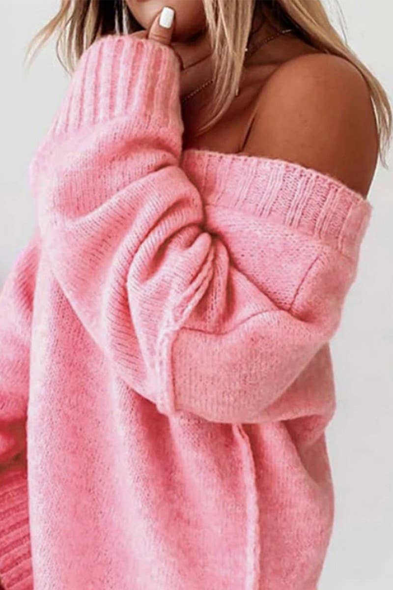 CWOSWL07057_SOLID COLOR V-NECK LOOSE OFF-SHOULDER SWEATER