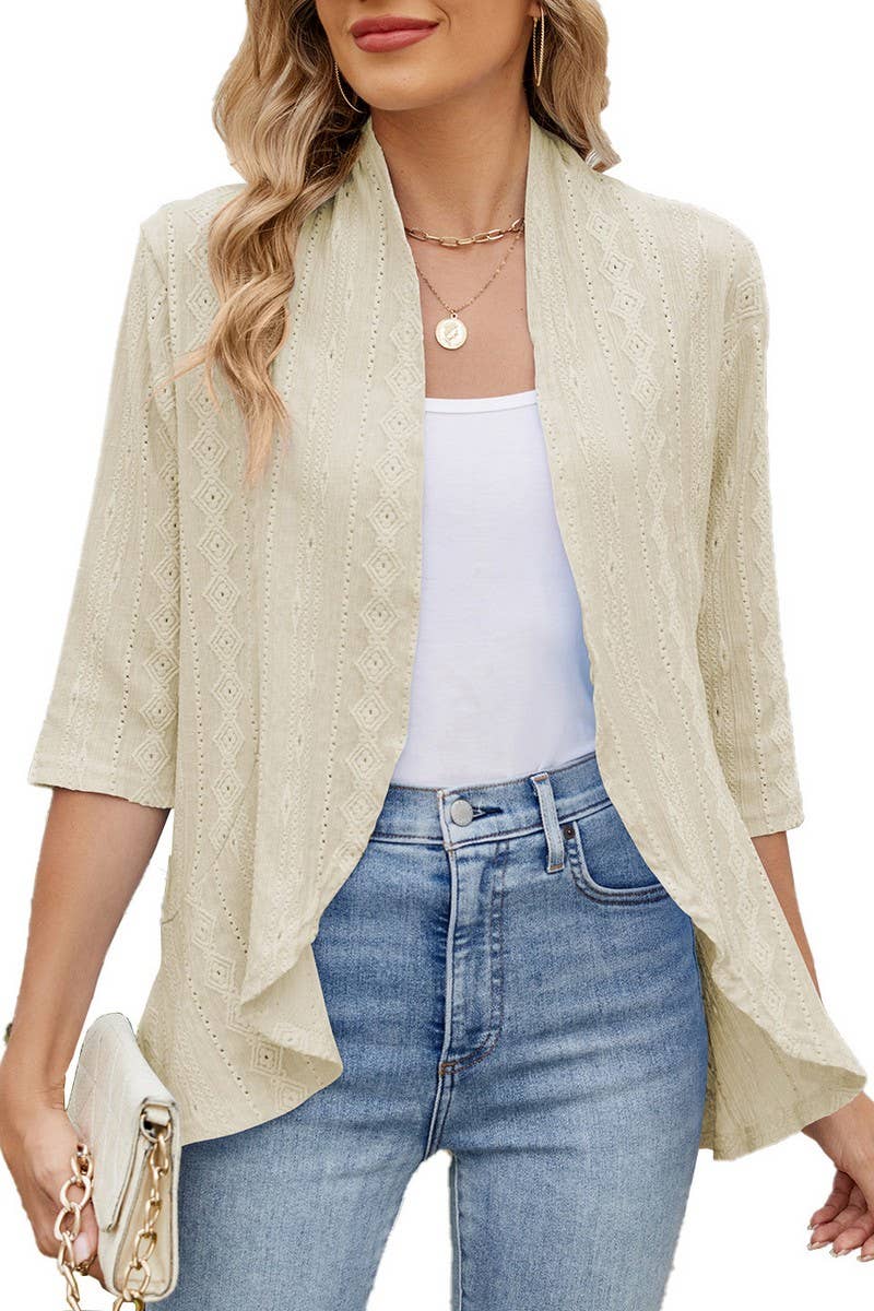 CWOCO1162_SOLID COLOR 3/4 SLEEVE RUFFLED CARDIGAN