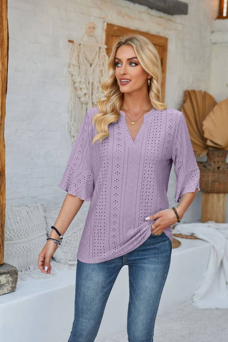 CWTTS00711_LOOSE V-NECK THREE-QUARTER SLEEVE TOP