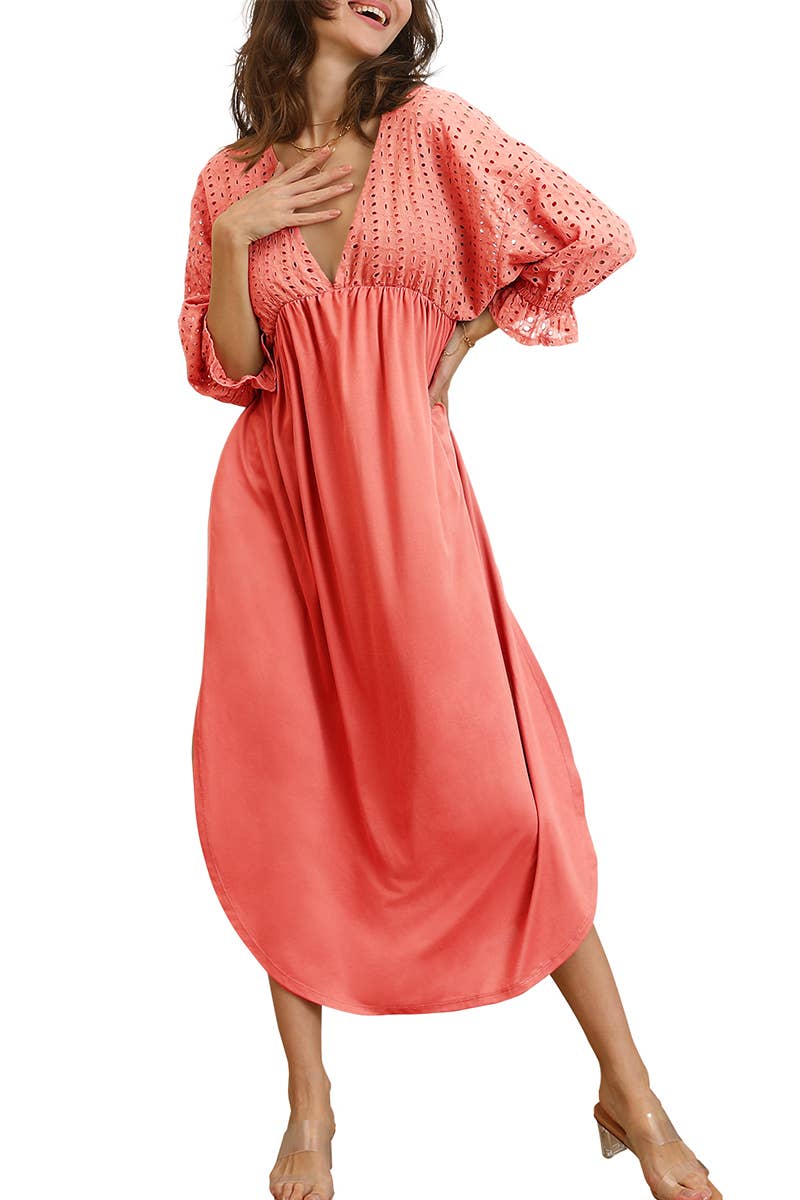 CWDMD795_3/4 SLEEVE V NECK LONG DRESS