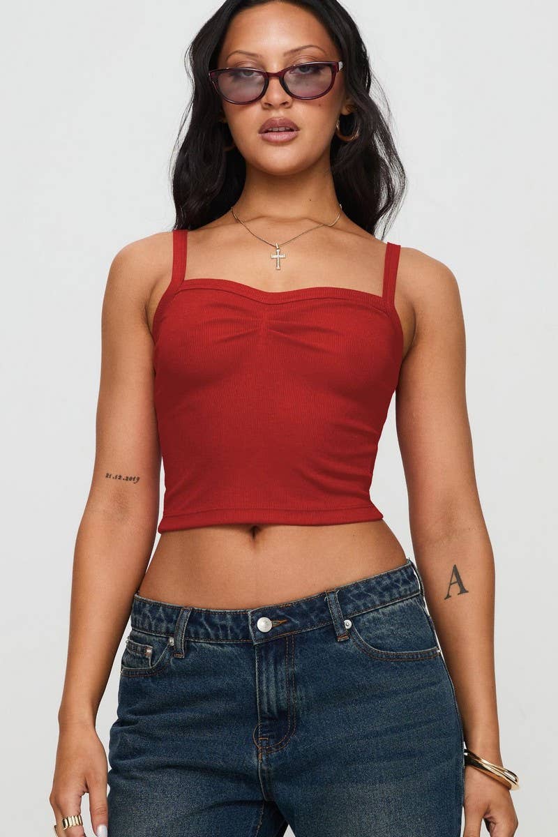 CWTTK1196_SOLID PLEATED CROPPED SLIM Y2K TANK TOP