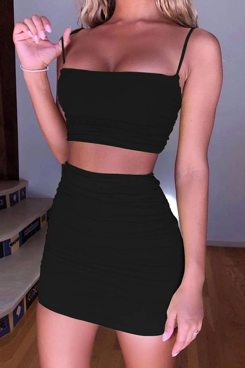 CWSTB00413_SEXY RUCHED STRAP TANK & BODYCON SKIRT SET