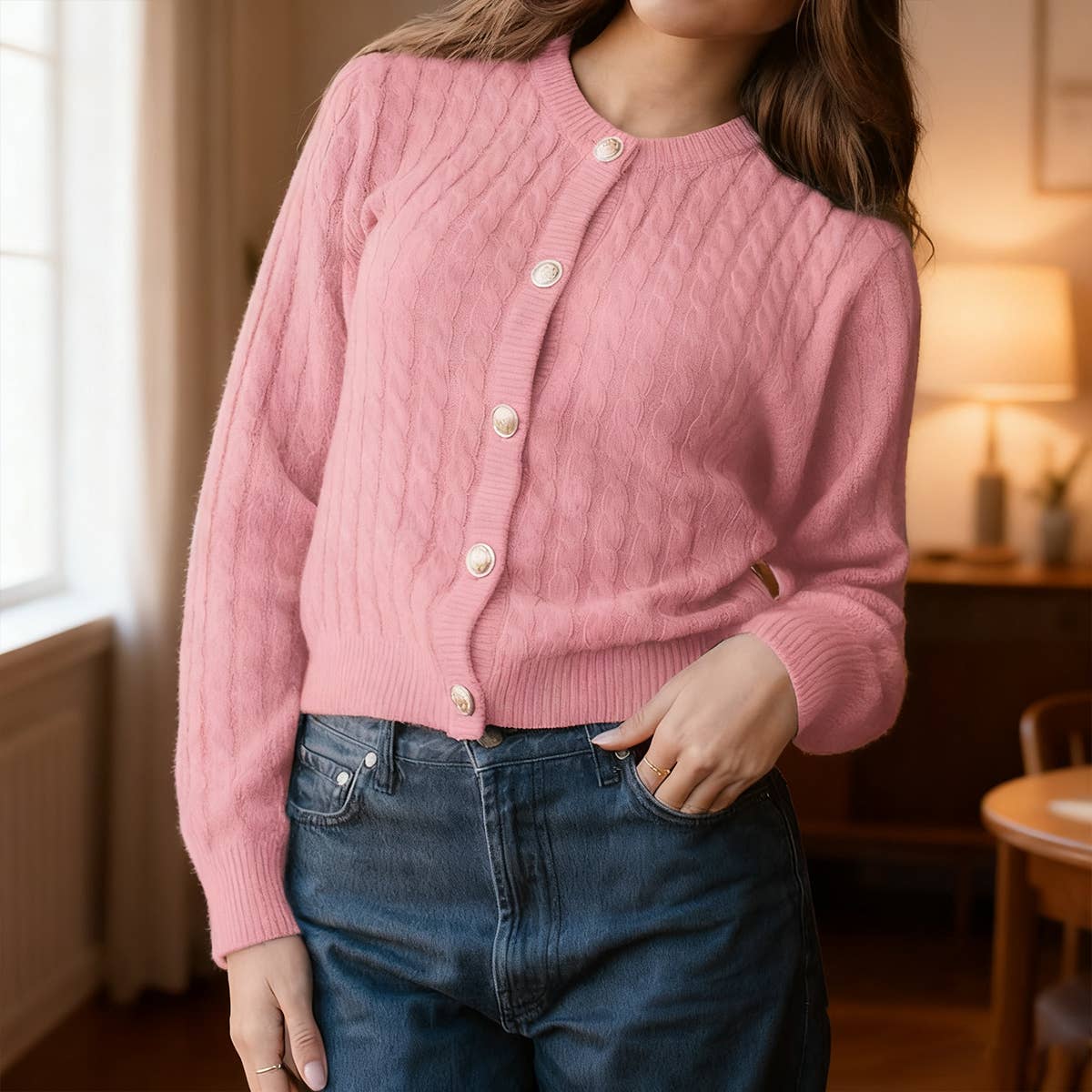 Casual solid-color single-breasted cardigan