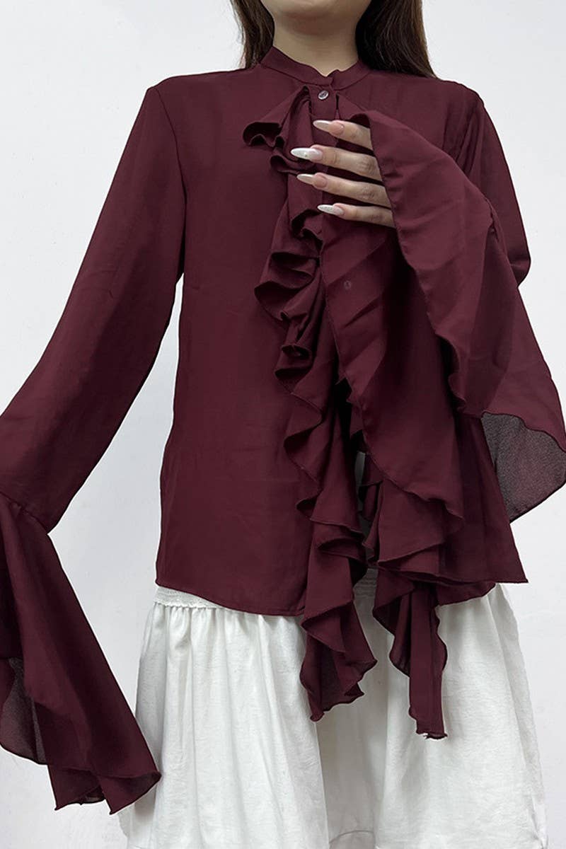 CWTBLL00603_BURGUNDY RUFFLED LONG-SLEEVED SHIRT