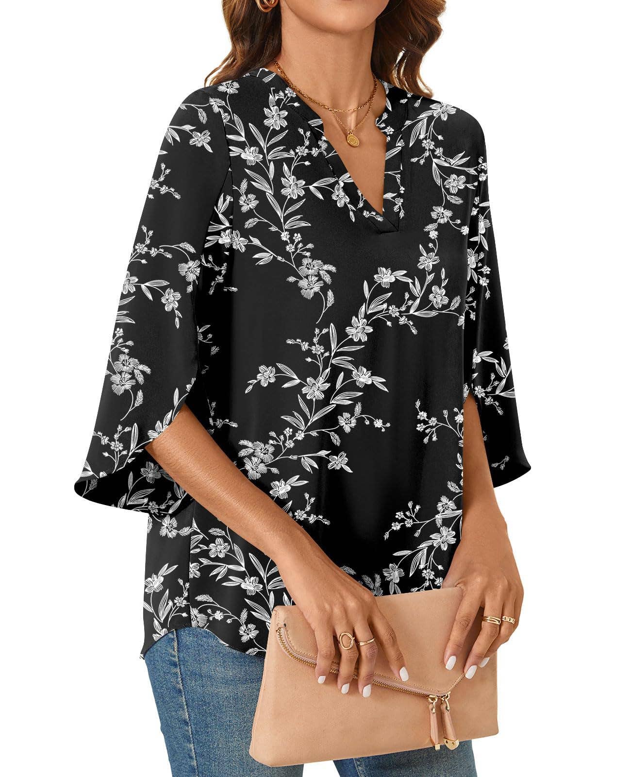 CASUAL LOOSE V-NECK MID-SLEEVE T-SHIRT