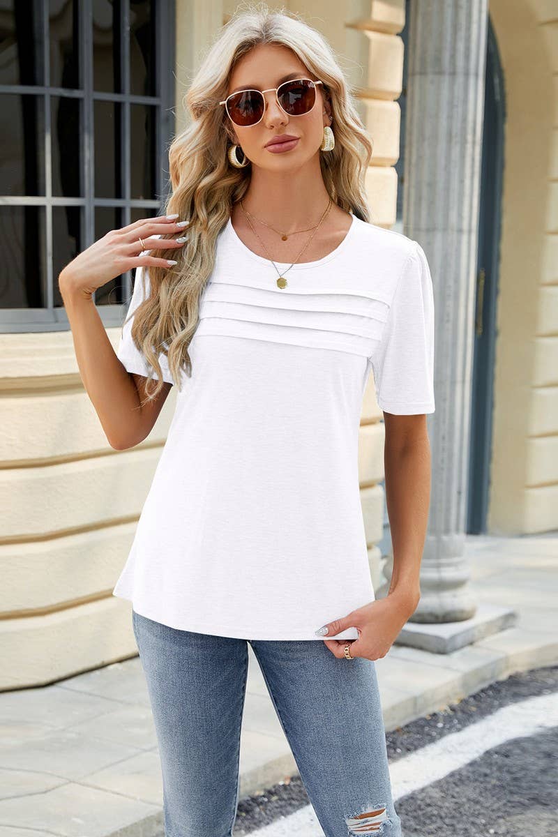 CWTTS0895_SOLID COLOR U NECK PLEATED TOP T SHIRT
