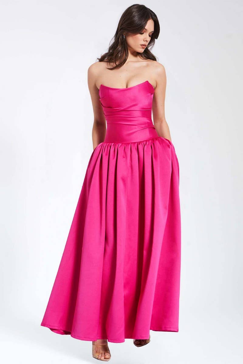 CWDHL1074_FRENCH ROSE RED SUSPENDER DRESS WITH SLIM WAIST