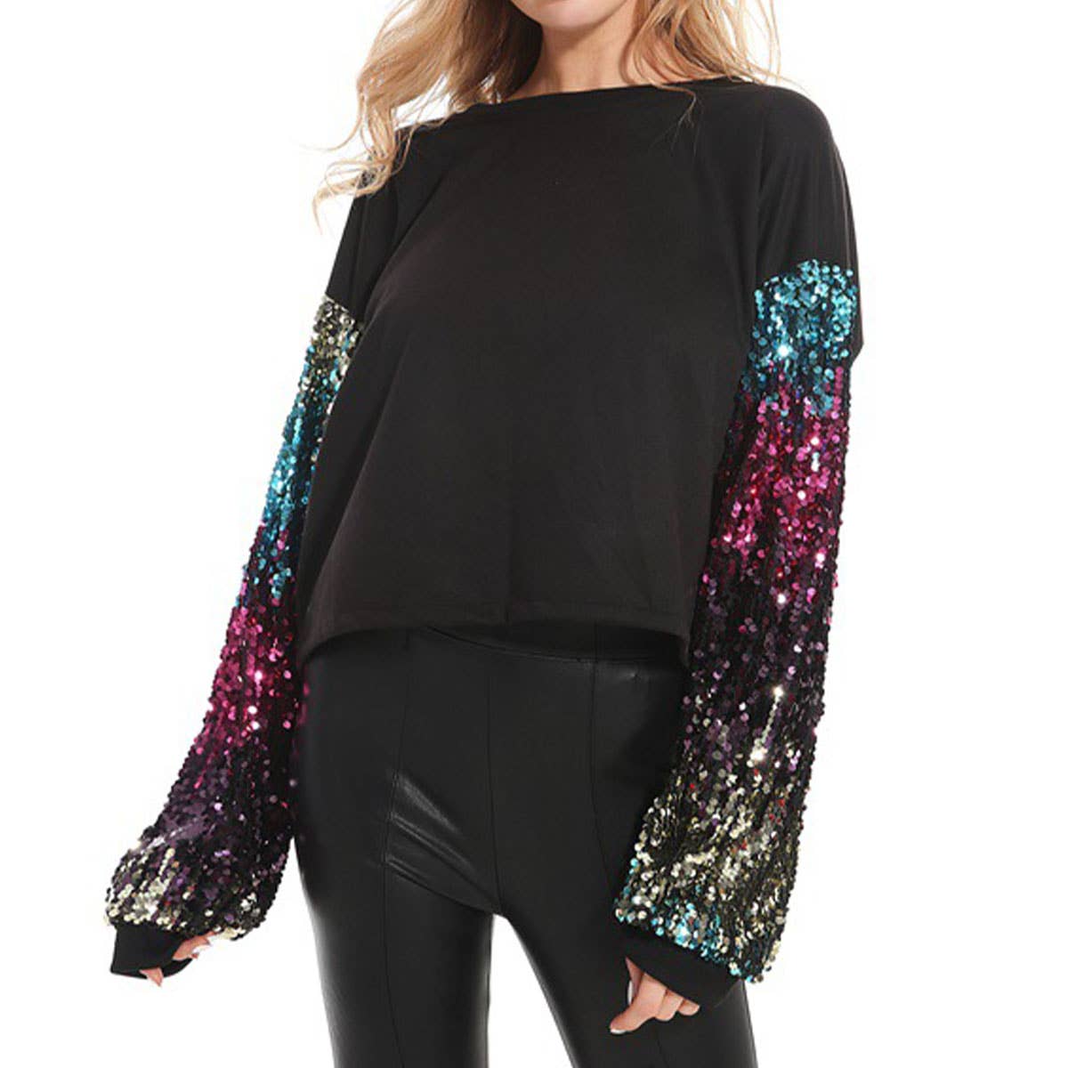 CREW-NECK LONG-SLEEVED SEQUINED SLEEVE HOODIE