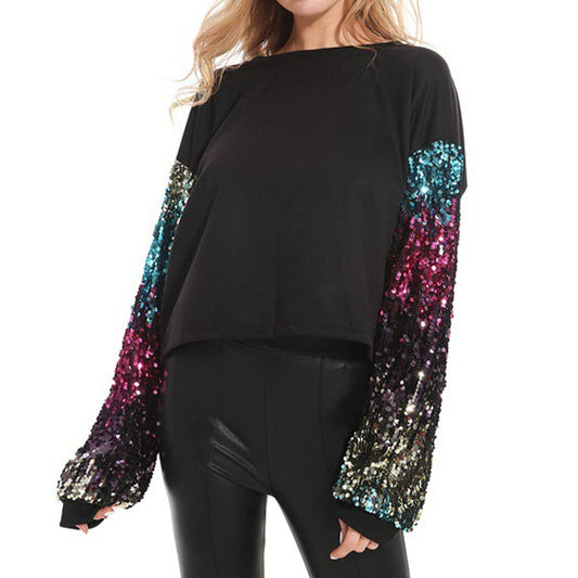 CREW-NECK LONG-SLEEVED SEQUINED SLEEVE HOODIE