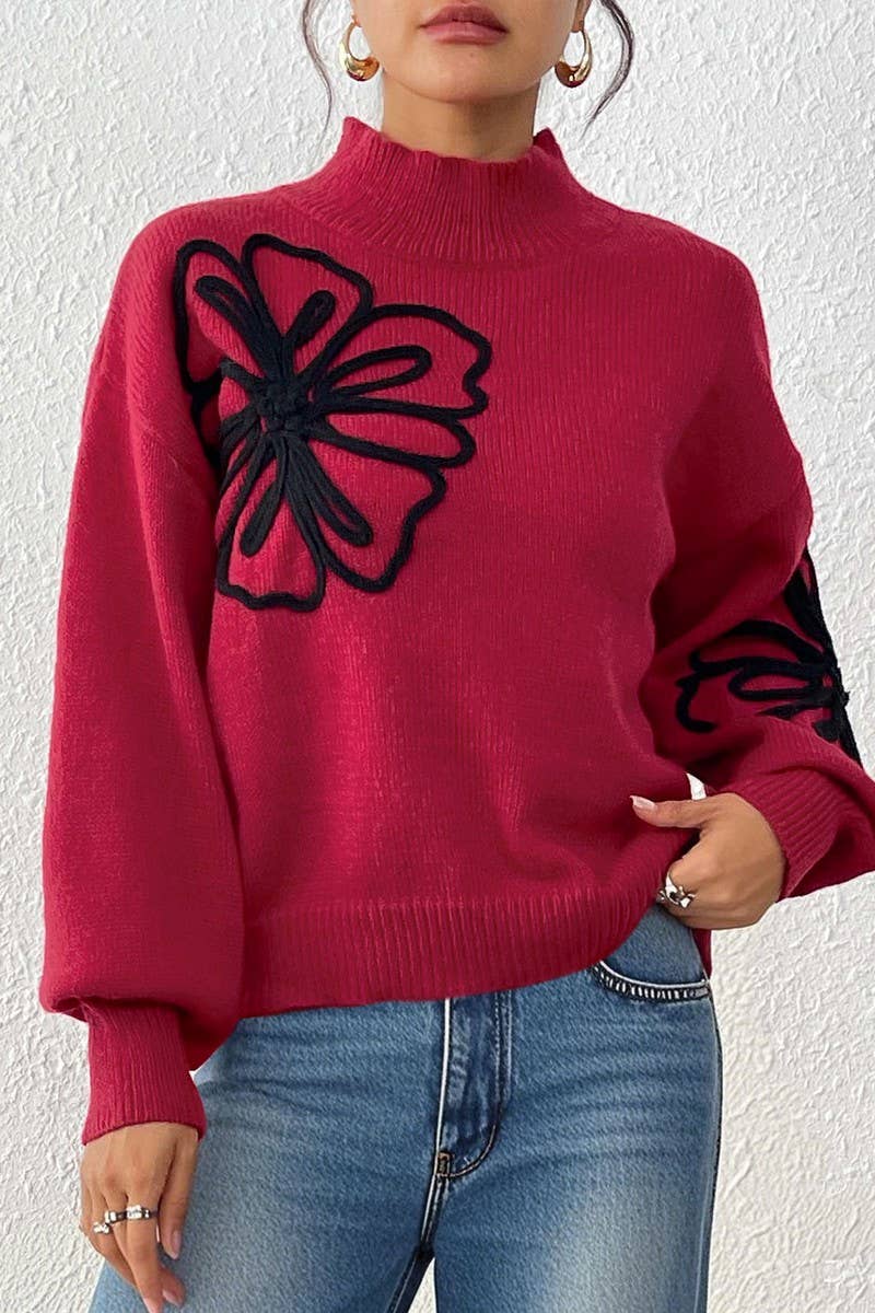CWOSWL07331_WOMEN RIBBON EMBROIDERED LANTERN SLEEVE SWEATER