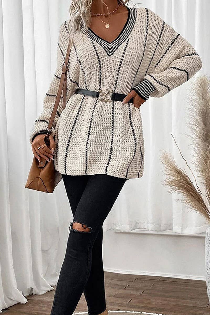 CWOSWL6821_NEW VERTICAL STRIPE CASUAL LOOSE SWEATER